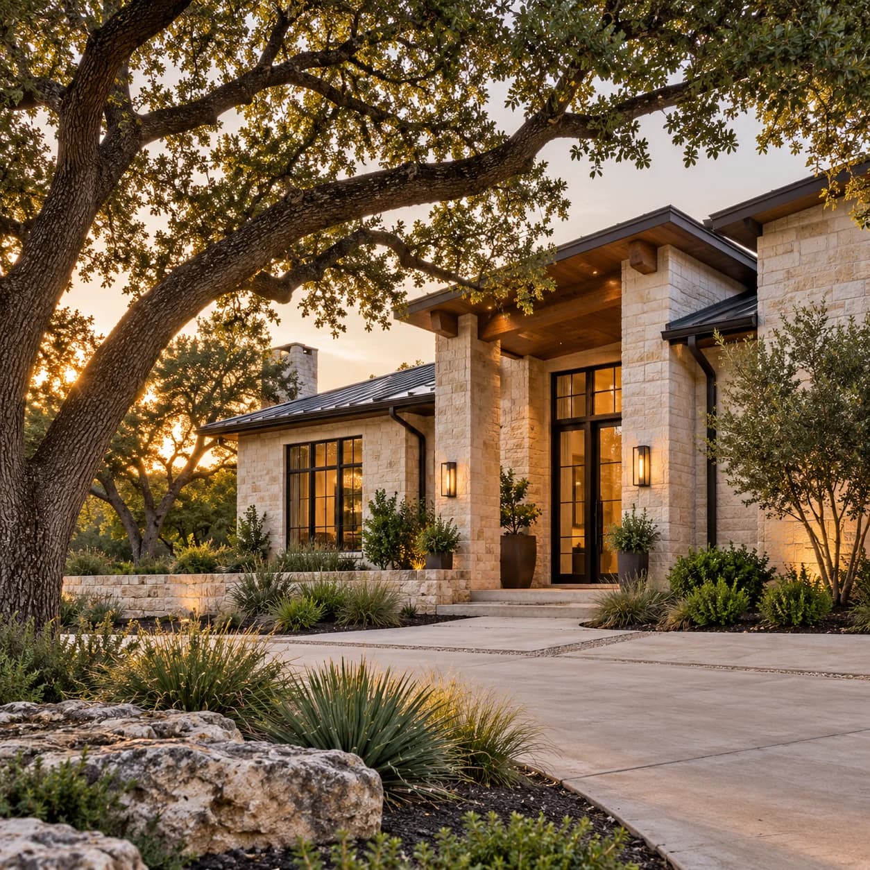 A contemporary North Texas-style home surrounded by mature oak trees